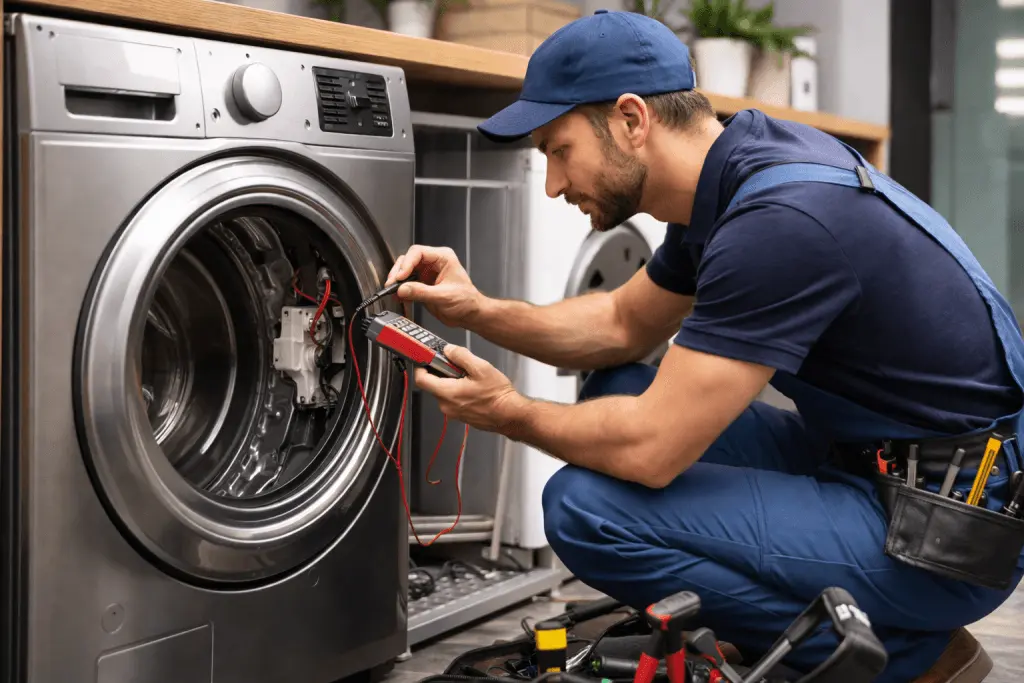 Person cleaning refrigerator coils as preventive maintenance for appliances
