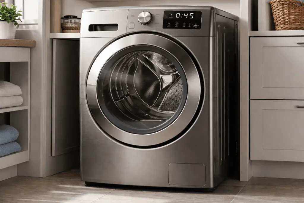 Dryer needs repair: electric dryer with its door open and damp clothes inside