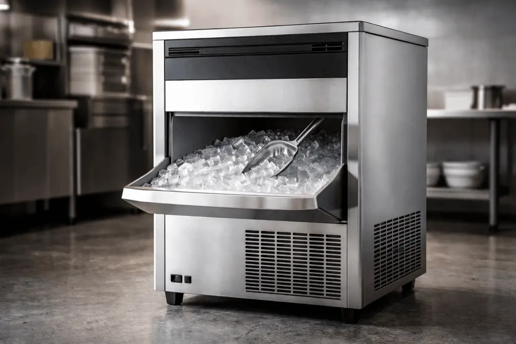 Ice maker maintenance: washing the ice bin with mild dish soap at a kitchen sink