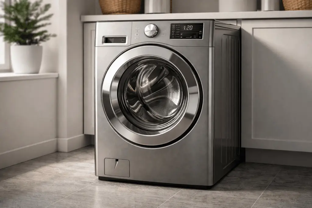 Washer troubleshooting: front-load washer in a laundry room with the door open