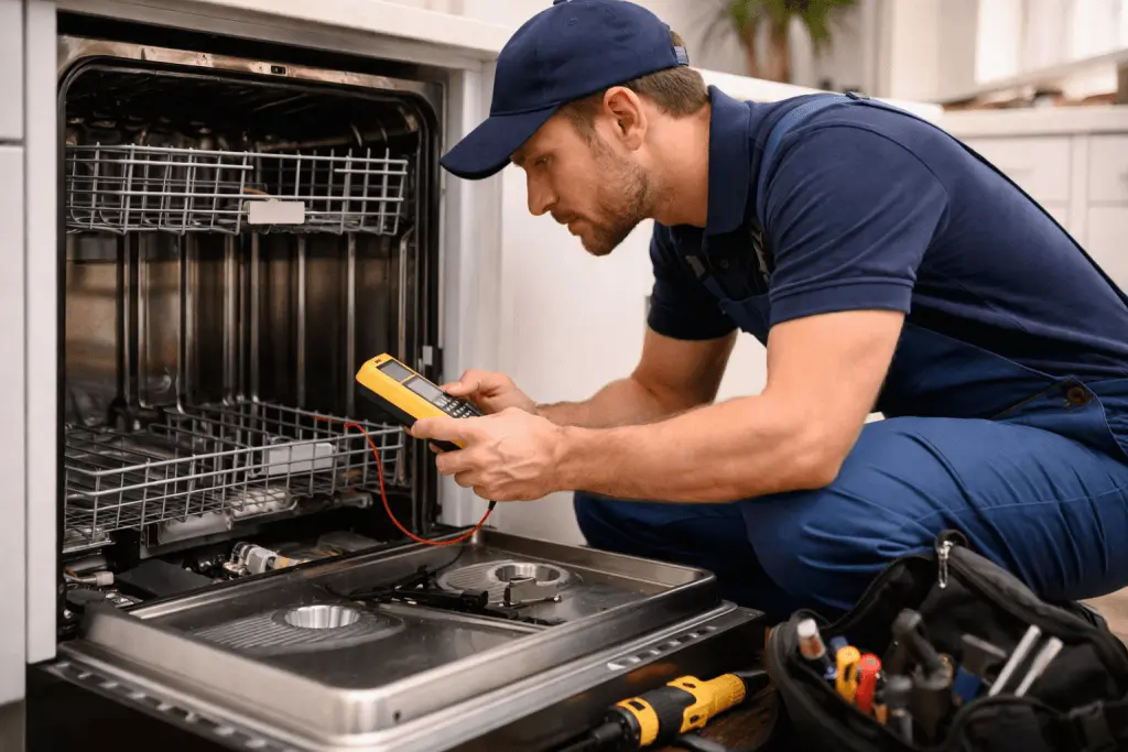 Opening a dishwasher to check the filter during dishwasher troubleshooting