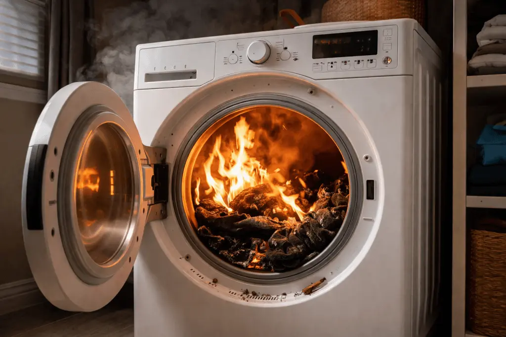 Dryer overheating: electric dryer with its lint screen pulled out for cleaning