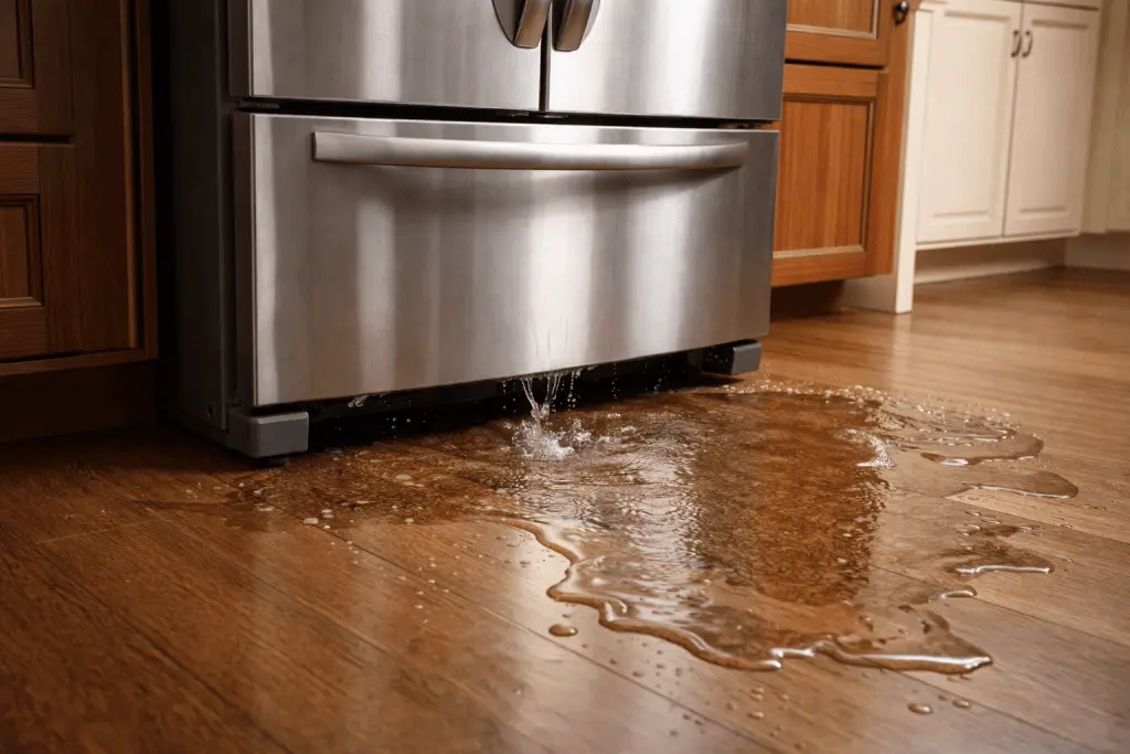 Refrigerator water leak: puddle on a kitchen floor in front of a fridge with a towel beside it